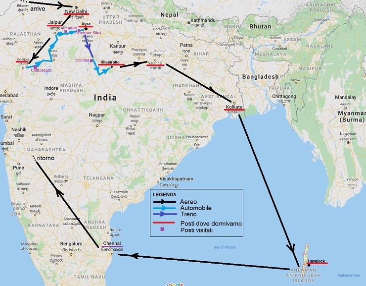 La carta di India e di isole Andamane con il nostro itinerario